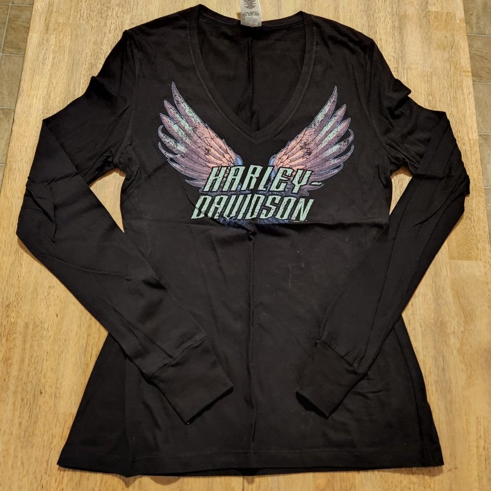 Women's Medium Black Harley-Davidson Vee Neck Long Sleeve Tee Shirt